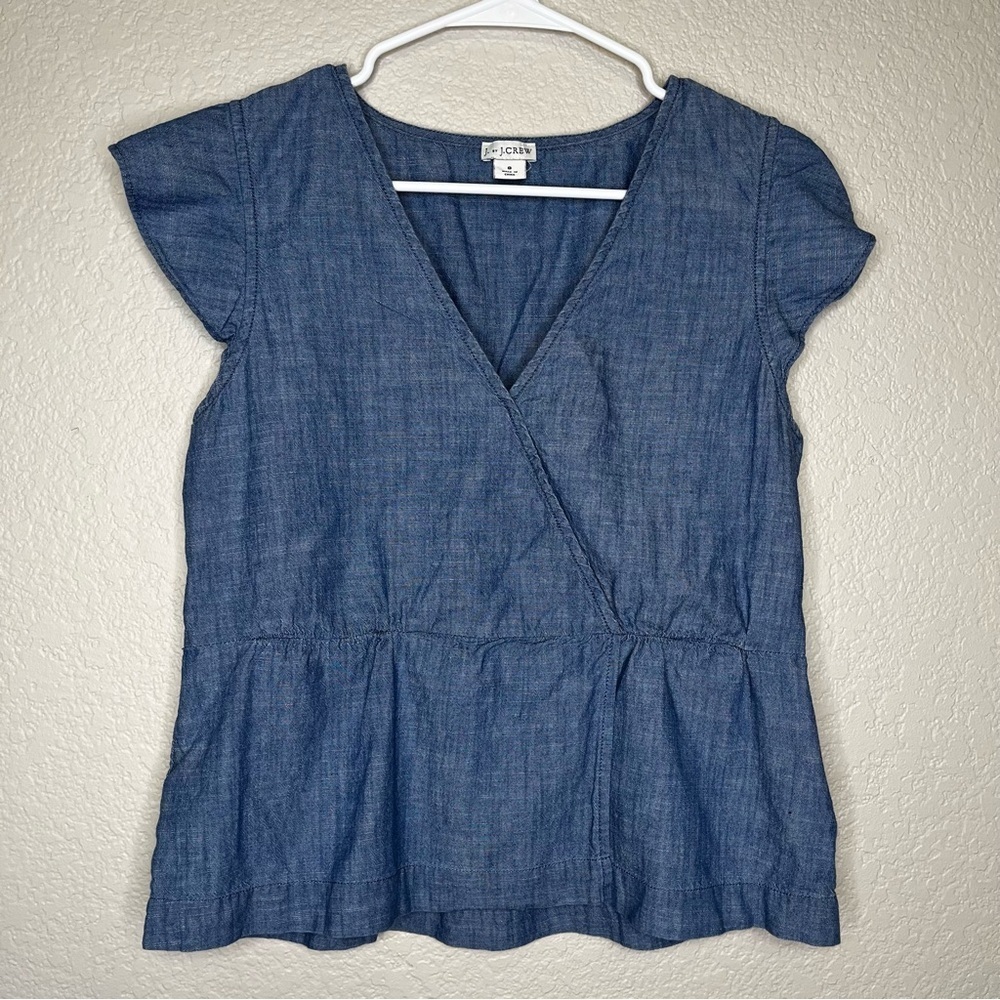 J by J. Crew Denim Flutter Sleeve Wrap Style V Neck Top Size 8